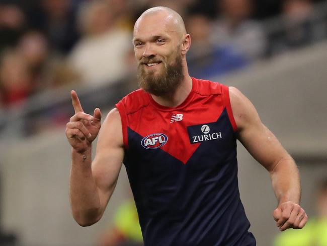 PERTH, AUSTRALIA - SEPTEMBER 10: Max Gawn of the Demons celebrates after scoring a goal during the 2021 AFL First Preliminary Final match between the Melbourne Demons and the Geelong Cats at Optus Stadium on September 10, 2021 in Perth, Australia. (Photo by Will Russell/AFL Photos)