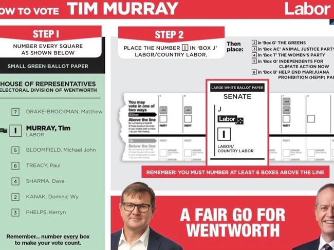 Labor's Wentworth how-to-vote cards for the 2019 election. Picture: Twitter/Tim Murray