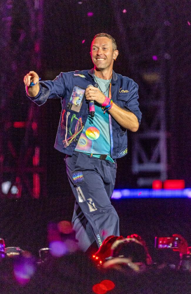 Coldplay frontman Chris Martin performing at Marvel Stadium in Melbourne. Picture: Jake Nowakowski