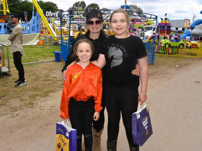 Attendees enjoying the 159th Sale Agricultural Show at the Sale Showgrounds on Friday, November 01, 2024: Tayla, Jessica Barnes and Charlye-Rae. Picture: Jack Colantuono