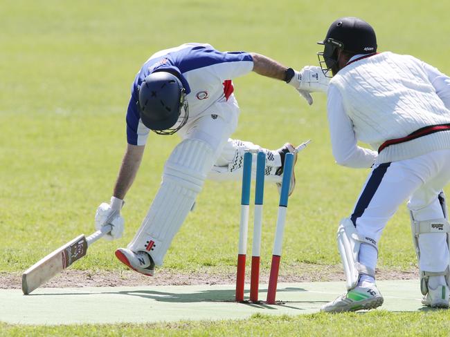 Cricket BPCA A1: Queenscliff v Armstrong Creek. Armstrong Creek keeper AaronMorgan attempts to run out Queenscliff batsman Frank Mileto Picture: Mark Wilson