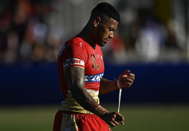 Jamayne Isaako devastated after missing a matchwinning shot at goal. Picture: Getty Images