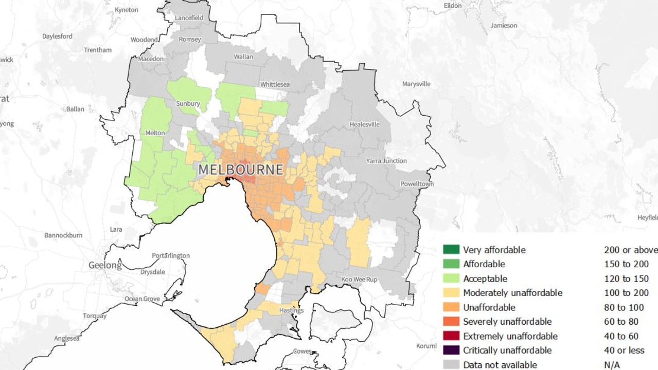 The CBD and surrounding areas remain severely unaffordable for minimum wage couples too. Source: Rental affordability heat map 2024:SGS. View the full map <a href="https://sgsep.com.au/projects/rai-2024-embargoed">here</a>