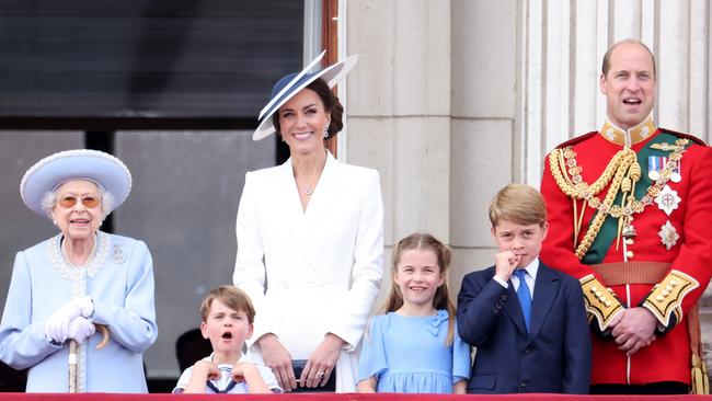 In her second appearance on the balcony of Buckingham Palace, the Queen appeared with other working members of the royal family including the Duke and Duchess of Cambridge and their three children. Picture: Chris Jackson/Getty Images