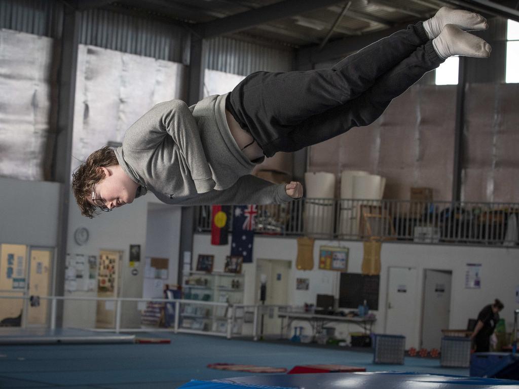 James Harvey 15 who has the Guinness World Record for the most consecutive cat twists on a trampoline at the Eastside Activity Centre at Rokeby.  Picture: Chris Kidd