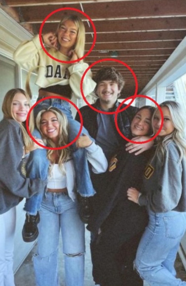 Dylan Mortensen (L) with her friends who were killed, Kaylee Goncalves, Madison Mogen, Ethan Chapin, Xana Kernodle, and fellow surviving roommate Bethany Funke.