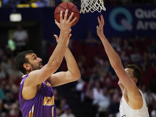 Sydney’s Andrew Bogut shoots against the 36ers. Picture: Getty Images