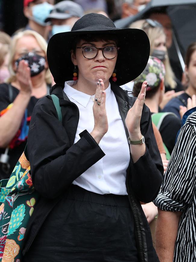 Greens MP Amy MacMahon at the March 4 Justice rally at King George Square, Brisbane. Photographer: Liam Kidston.