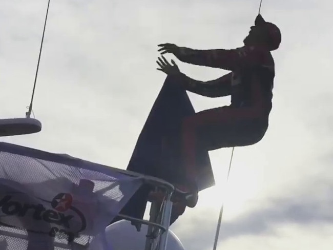 Supercars driver Jamie Whincup celebrates his seventh Australia Supercars Championship triumph with a backflip off a boat into the Hunter River in Newcastle in 2017.