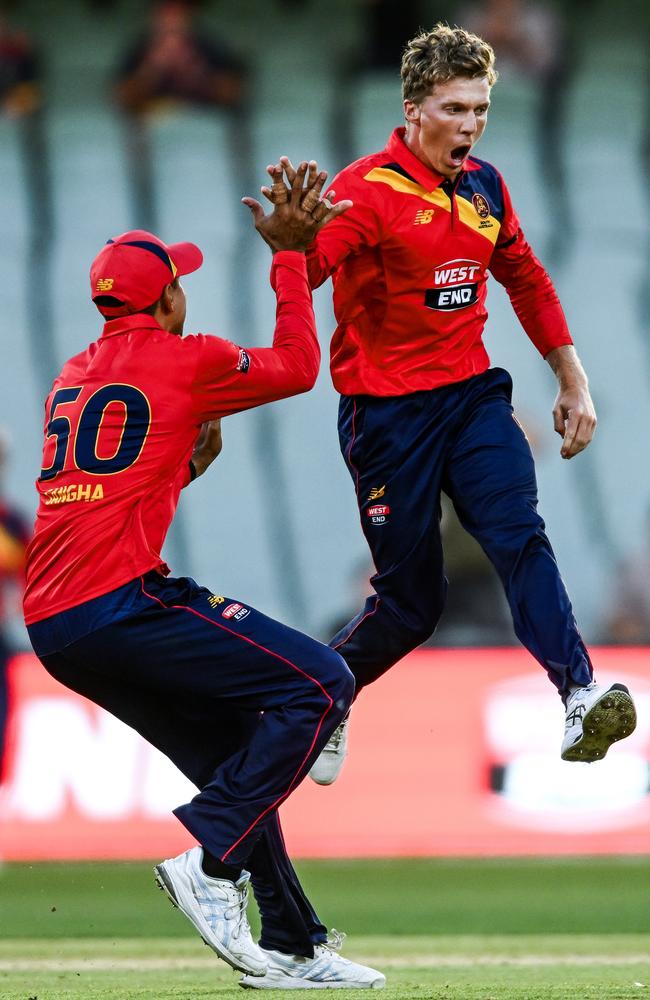 South Australia’s Nathan McSweeney celebrates the wicket of Peter Handscomb. Picture: Getty Images