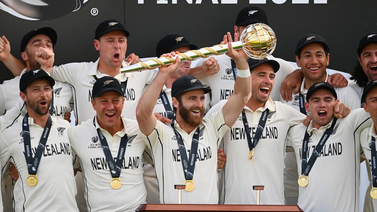 Kane Williamson of New Zealand lifts the ICC World Test Championship Mace. Photo by Alex Davidson/Getty Images