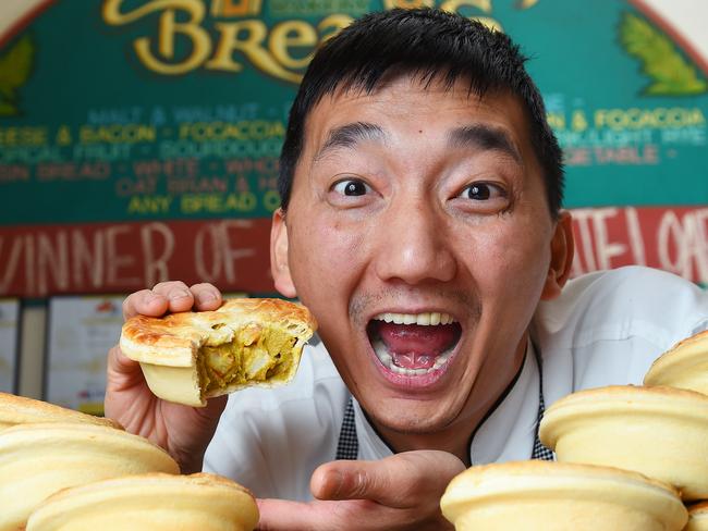 Country Cob Bakery’s Chan Khun with a heap of his award-winning pies. Picture: Josie Hayden