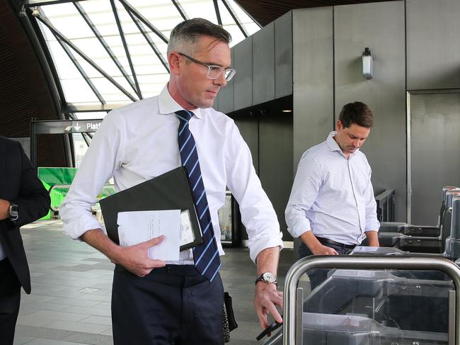 SYDNEY, AUSTRALIA - Newswire Photos MARCH 01 2023: The Premier Dominic Perrottet arrives at Tallowong Railway Station for a press conference after traveling on the Metro from Rouse Hill Station in Sydney. Picture: POOL Via NCA Newswire/ Gaye Gerard