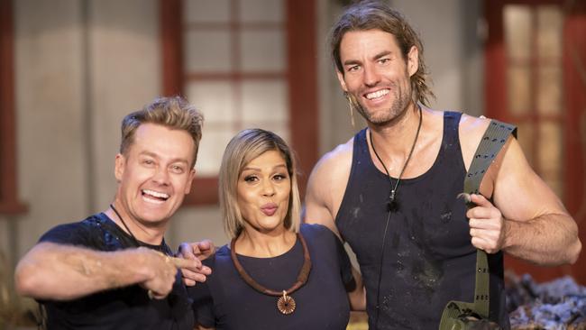 Grant Denyer, Pettifleur Berenger and Ash Williams on I'm A Celebrity … Get Me Out Of Here. Picture: Supplied/Channel 10