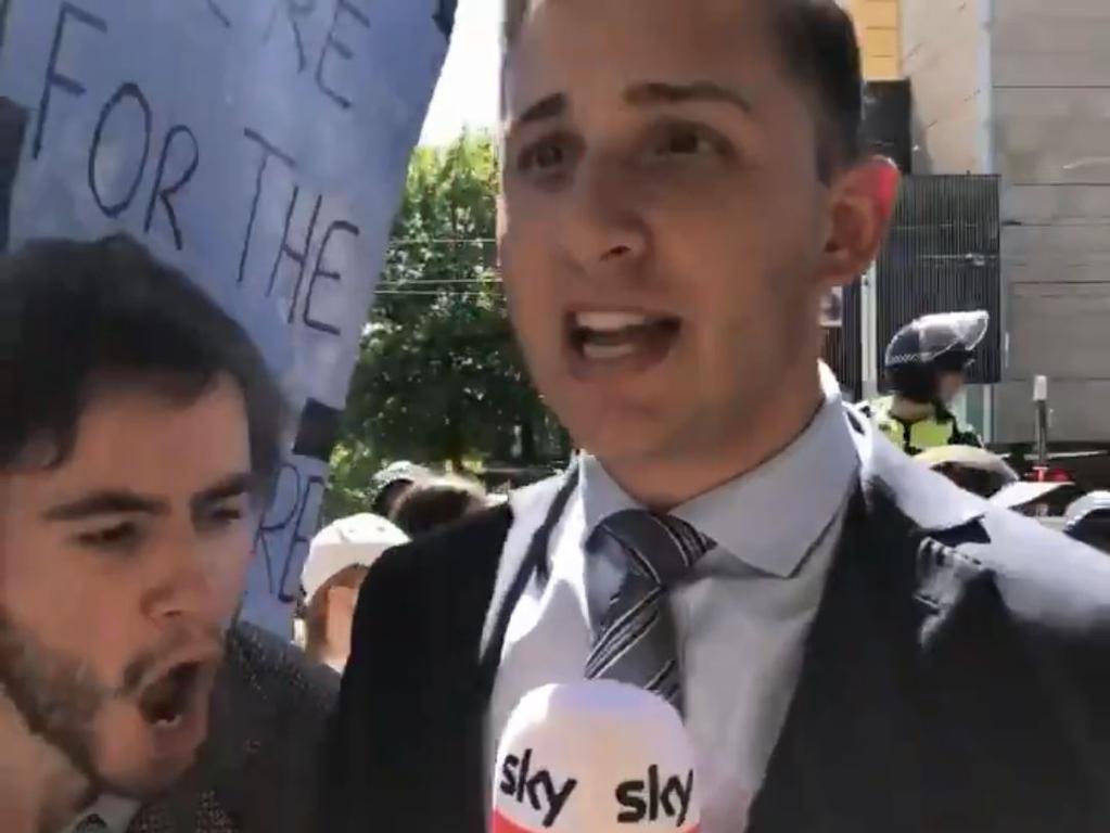 Protesters have been filmed hurling abuse at a Sky News reporter. Picture: James Matthews/Twitter