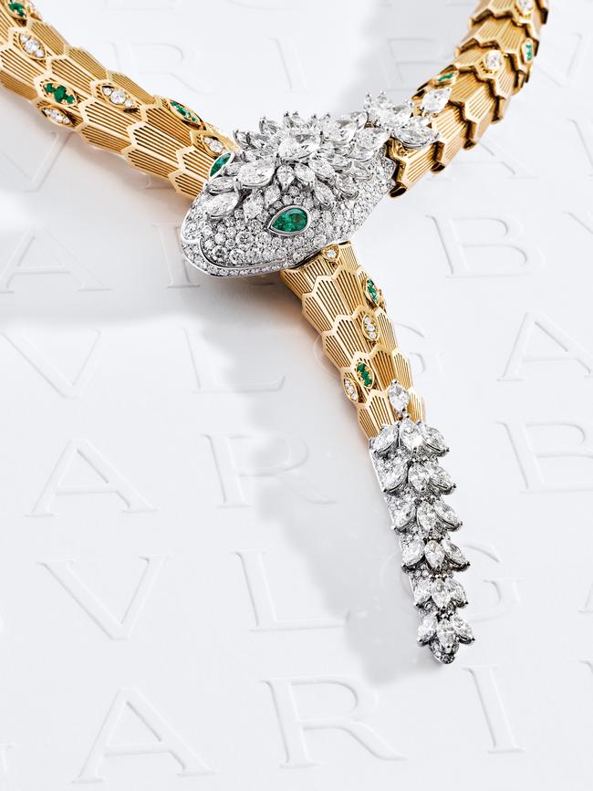 Serpenti necklace in yellow and white gold set with diamonds and emeralds