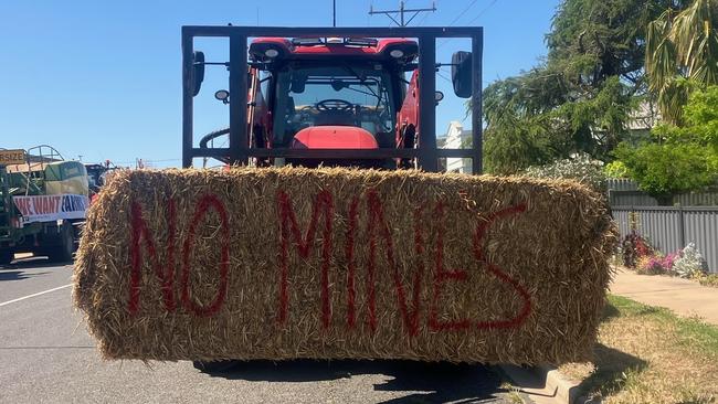 Farmers drove tractors and heavy machinery with signage to a mineral sands project information session. Picture: Supplied