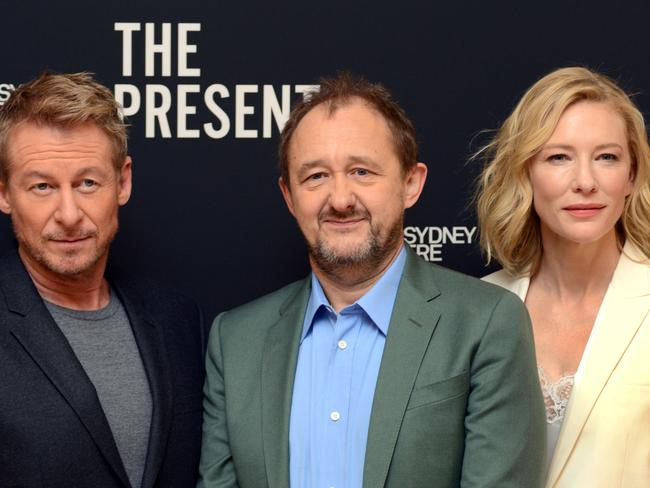 Richard Roxburgh (left) and Cate Blanchett (right) starred in Andrew Upton's (centre) new adaptation of Anton Chekhov's play The Present. Picture: Alex Towle for The Australian