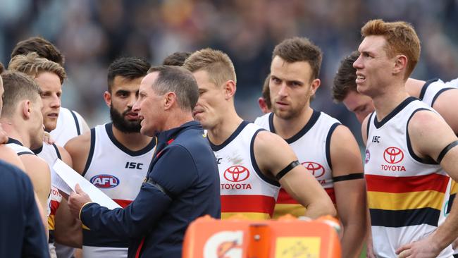 Adelaide coach Don Pyke addresses his players during the loss to Carlton on Saturday. Picture: David Crosling (AAP).