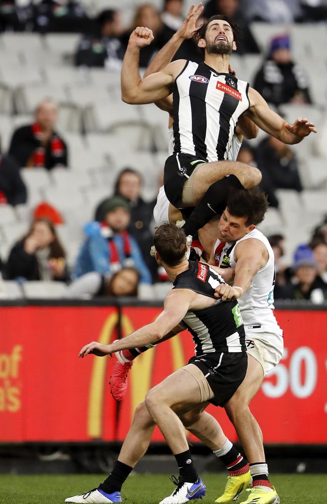 Brodie Grundy gets aerial for the Pies. Picture: AFL Photos/Getty Images