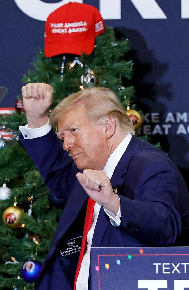 2024 presidential hopeful Donald Trump dances in Iowa at a rally. An appeals court in Colorado has ruled Trump cannot appear on the state's presidential primary ballot due to the January 6 insurrection. Picture: Kamil Krzaczynski/AFP