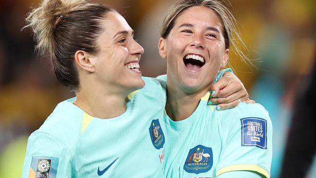 Go you Matildas! Katrina Gorry and Kyra Cooney-Cross celebrate. Picture: Mark Stewart