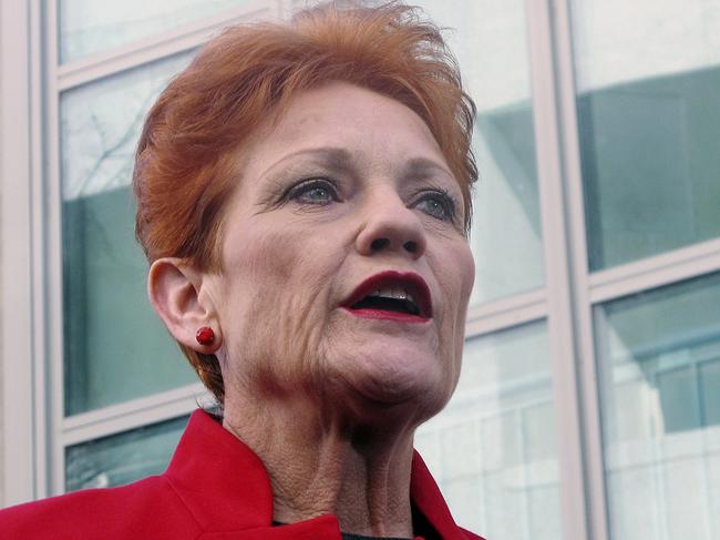 In this June 21, 2018, file photo One Nation party senator Pauline Hanson addresses the media at Parliament House in Canberra, Australia. Australia's Prime Minister Scott Morrison, on Tuesday, March 26, 2019, accused the One Nation party of trying to "sell Australia's gun laws to the highest bidders" by asking the U.S. gun lobby for donations. (AP Photo/Rod McGuirk, File)