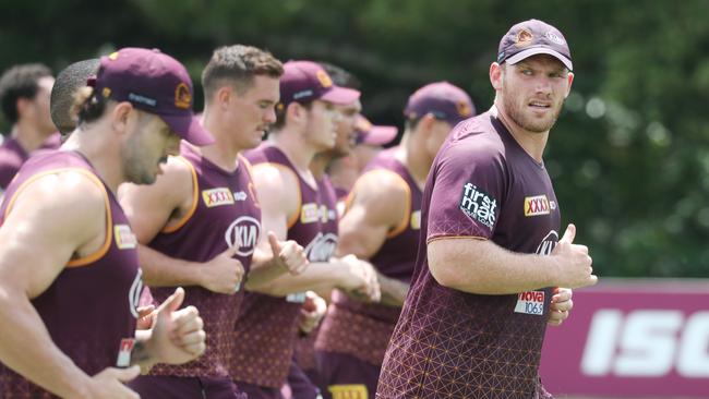 Matt Lodge leads the team at Broncos training this week. Picture: Annette Dew