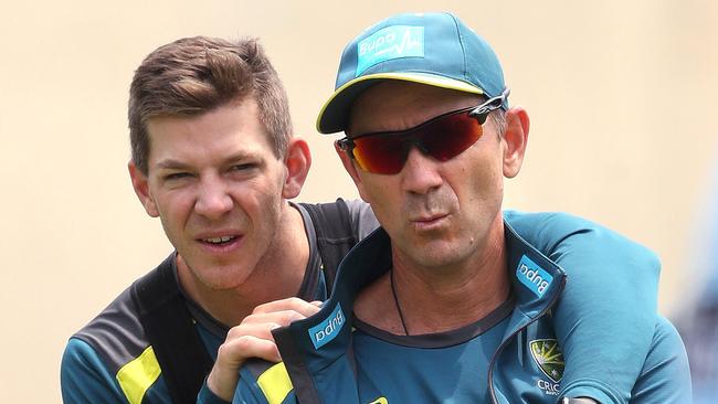 Captain Tim Paine and coach Justin Langer during Australian training at the SCG on Wednesday. Picture. Phil Hillyard