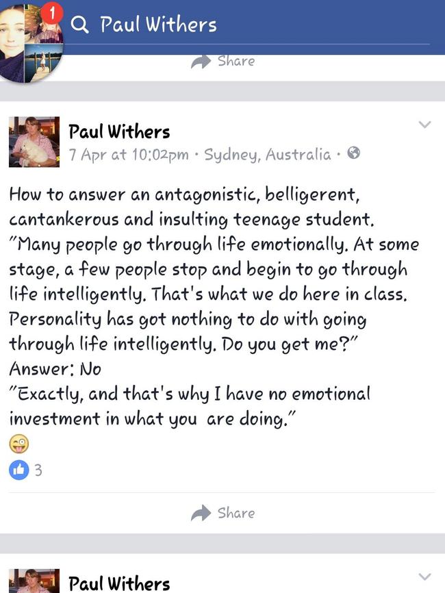 A social media post Paul Withers made about a student he taught in Batlow last year.