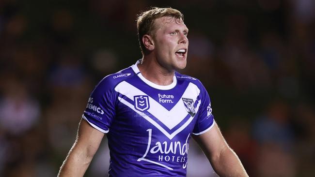 SYDNEY, AUSTRALIA - FEBRUARY 23: Drew Hutchison of the Bulldogs looks on during the NRL Pre-season challenge match between Cronulla Sharks and Canterbury Bulldogs at Belmore Sports Ground on February 23, 2024 in Sydney, Australia. (Photo by Jason McCawley/Getty Images)