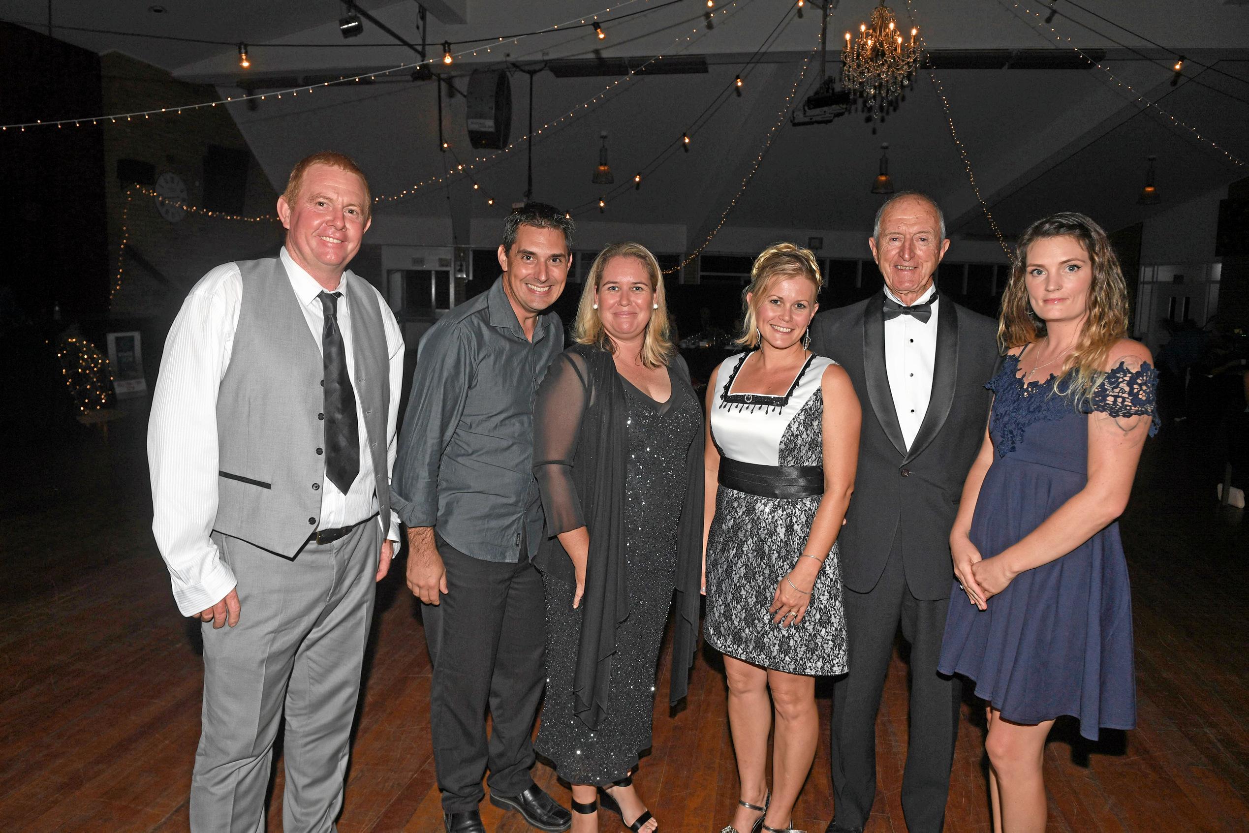 Gympie Show Ball - Ian Fletcher, Russell Jensen, Melina Fletcher, Yvonne Jensen, Merv Welch, Casie Webb. Picture: Troy Jegers