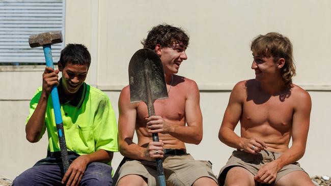 Piri Manuera, 18, Ryan Harper 18, and Jesse Harper 19 on a construction site. Picture: David Swift