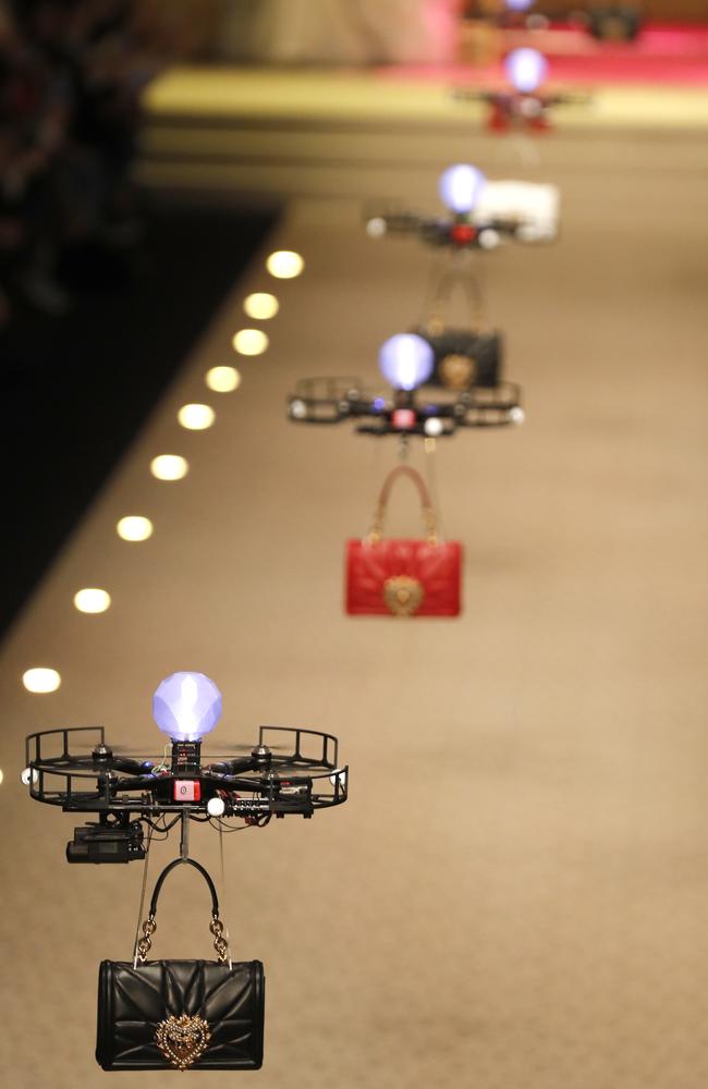 Drone ‘models’ carried Dolce &amp; Gabbana’s new season handbags down the runway. Picture: AP