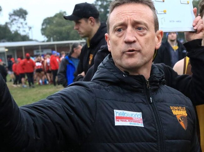 Rowville coach John Brown in the Eastern Football League (EFL). Picture: Davis Harrigan