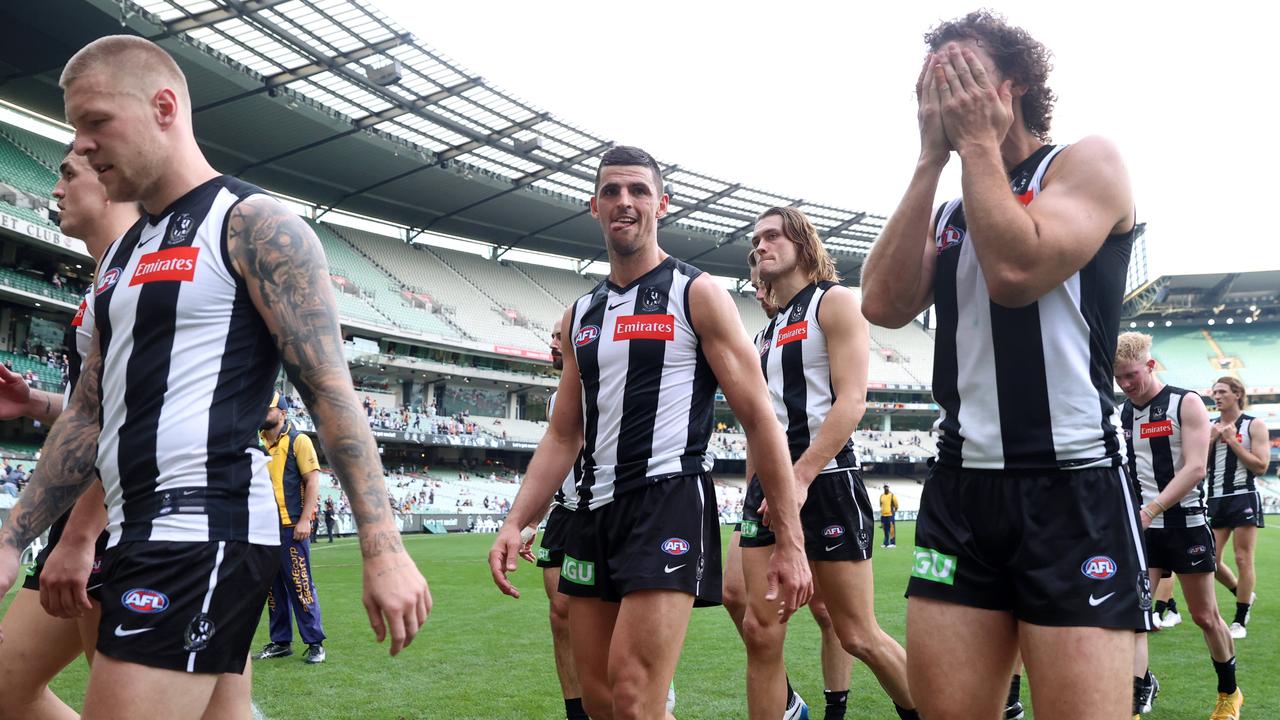 AFL Round 7. 01/05/2021. Collingwood vs Gold Coast Suns at the MCG, Melbourne. Disappointed Magpies walk off the MCG after todays loss . Pic: Michael Klein