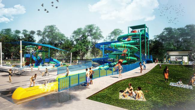 A new artist render shows the outside area will include a kiosk, kid’s waterpark, water slide tower and a large green area. Picture: City of Salisbury