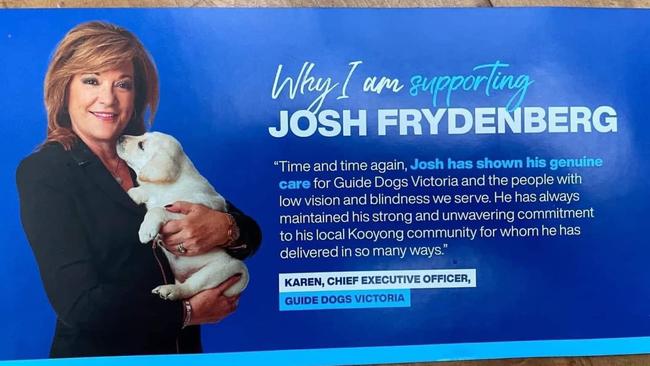 The CEO of Guide Dogs Victoria was featured on a political pamphlet for Josh Frydenberg.