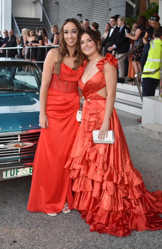 Tegan Hart and Hannah Humphreys at the Beerwah State High School Formal held at Maroochy RSL on November 14, 2024. Picture: Sam Turner