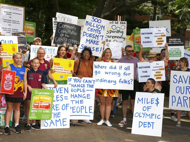 Protesters gathered outside Parliament House in Brisbane in December during a protest against the Olympics plans, and saving the Gabba. Picture: NCA NewsWire/Tertius Pickard