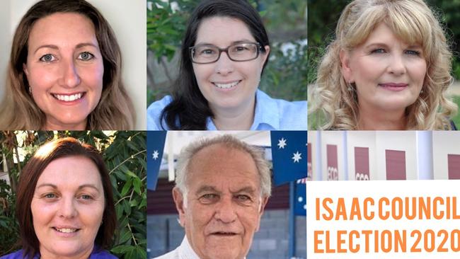 The Isaac Regional Council candidates for the 2020 elections are Vivienne Coleman, top left, Jennifer Ennis, Karen Hindle, Sandy Moffat, bottom left, and Nick Wheeler.