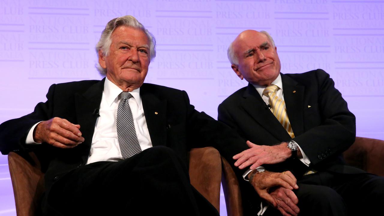 Two old political warriors, former Prime Ministers John Howard and Bob Hawke reflect on their long careers in a double-bill at the National Press Club in Canberra. Picture: Ray Strange