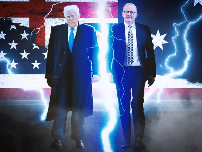 **STRICTLY EMBORGED FOR 29 MARCH 2025**28 March 2025; Albo and Trump in front of USA and Australia flags with ominous lightning strikes, Anthony Albanese and Donald Trump. Sources: iStock, AFP and Supplied. Artwork by Frank Ling. Ratio 4:3. For DIGITAL.