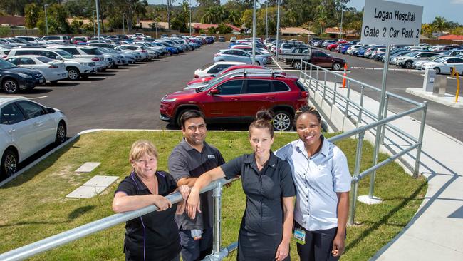 Theresa Duckworth, Barjesh Bhanot, Cherie Lees and Grace Adokorach at the new 655-space Logan Hospital staff car park. Picture: Richard Walker