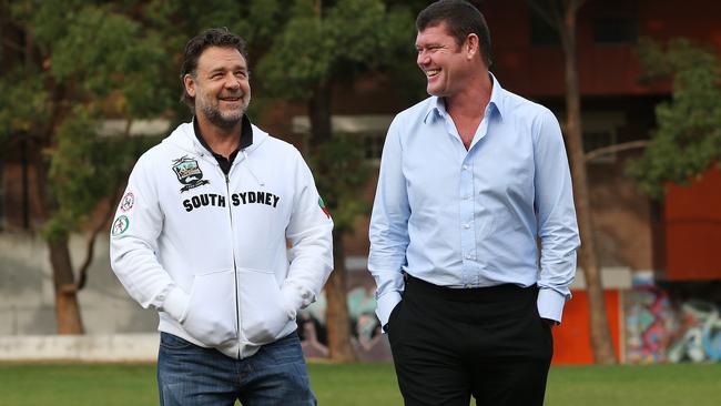 Russell Crowe and James Packer at the National Centre of Indigenous Excellence in Redfern announcing a new sponsorship deal for South Sydney. Packer's Crown Resorts will be the Club's Major Home Corporate Partner in a new three year deal which starts in 2014 once the current deal with The Star expires.