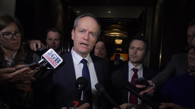 Australian Opposition Leader Bill Shorten and Australian shadow communications minister Jason Clare speak to the media last night. Picture: Lukas Coch