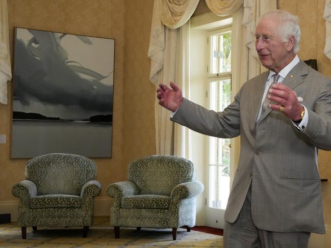 SYDNEY, AUSTRALIA - OCTOBER 20: King Charles III greets Governor of New South Wales Margaret Beazley (not pictured) at Admiralty House on October 20, 2024 in Sydney, Australia. King Charles and Queen Camilla are on the second day of a visit to Australia, his first as Monarch. CHOGM in Samoa will be his first as Head of the Commonwealth. (Photo by Mark Baker - Pool/Getty Images)