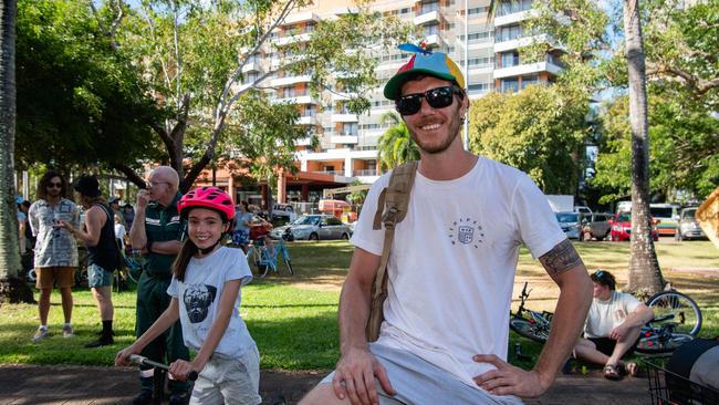 Sam Hopkins as DJ on the Bike Dom Whiting hit the streets of Darwin for the first time. Picture: Pema Tamang Pakhrin