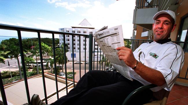 Darren Lehmann checks out a local form guide at his hotel.