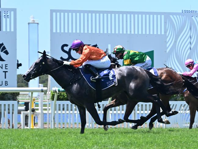 El Morzillo storms over the top of her rivals to win the QTIS 2YO Handicap for jockey Cejay Graham. Picture: Grant Peters - Trackside Photography